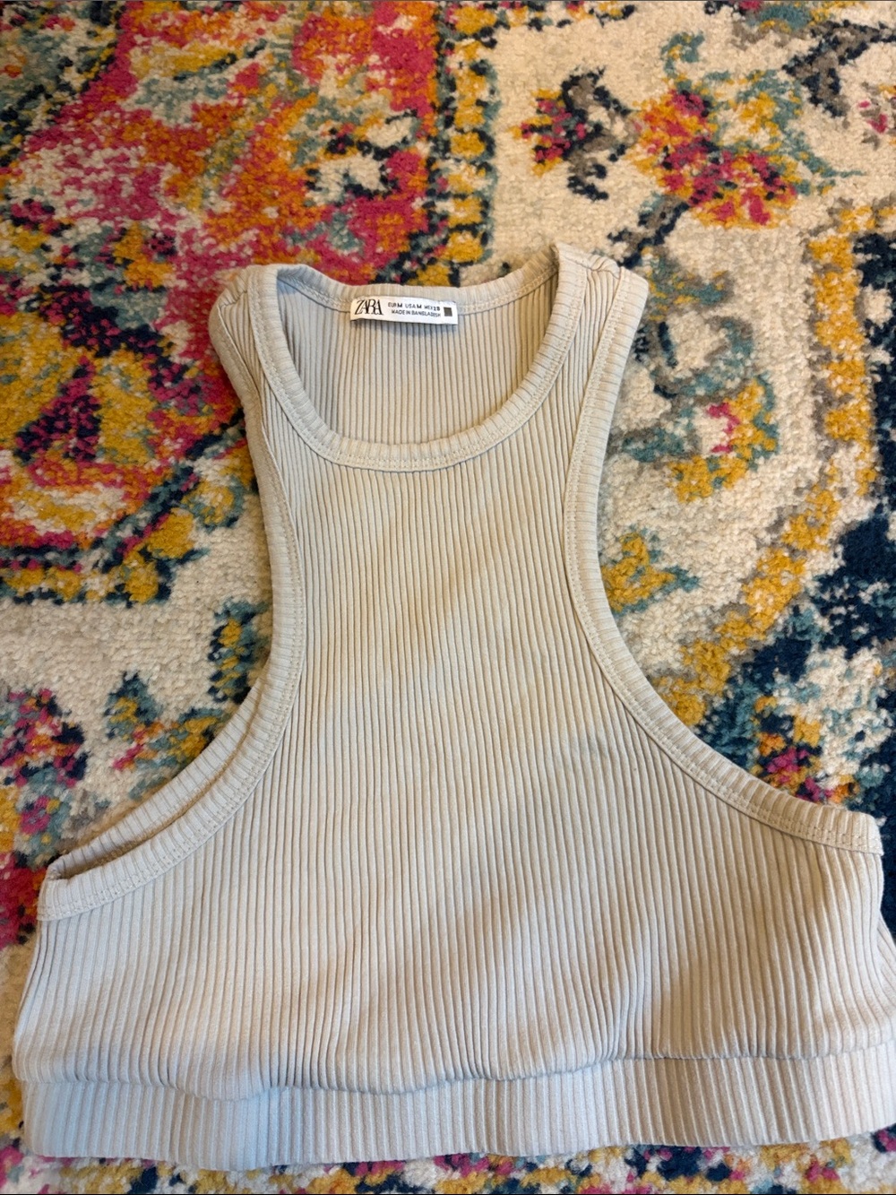 Zara Ribbed High-Neck Crop Tank in Light Cream